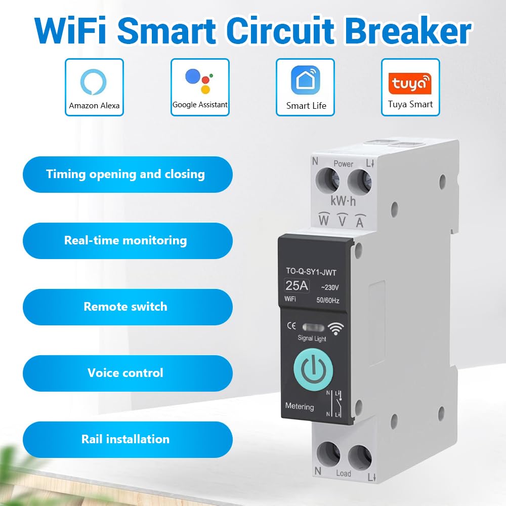 Interruptor WiFi, 1P+N 25A 230V, interruptor de control remoto inalámbrico para hogar inteligente, temporizador, control de voz monitor de energía compatible con la aplicación Smart Life TUYA riel DIN