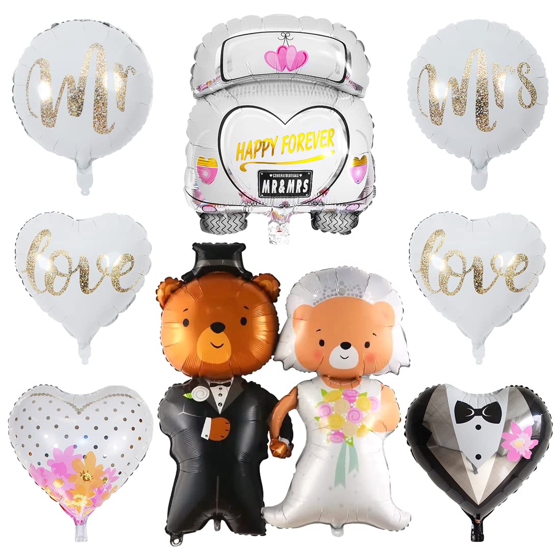 9 Piezas Globos Bodas, XXL Globos Coche Boda, Mr y Mrs Helio Globo, Gigante Novio Novia Oso Globos Para Boda Compromiso Temática Fiesta Decoracion