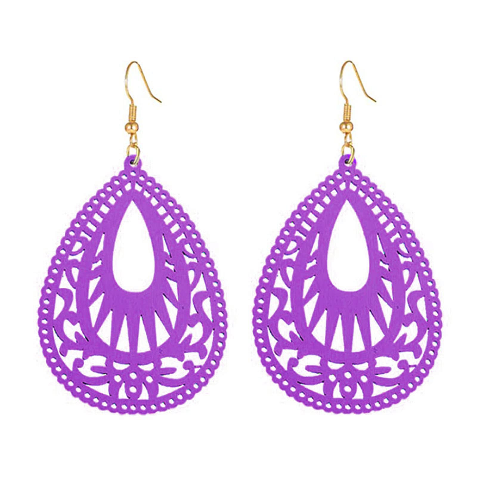 MALOYANVE Bohemian Wood Earrings for Women Handmade Natural Retro Lightweight Teardrop Geometric Hollow Wooden African Dangle Drop Geometric Statement