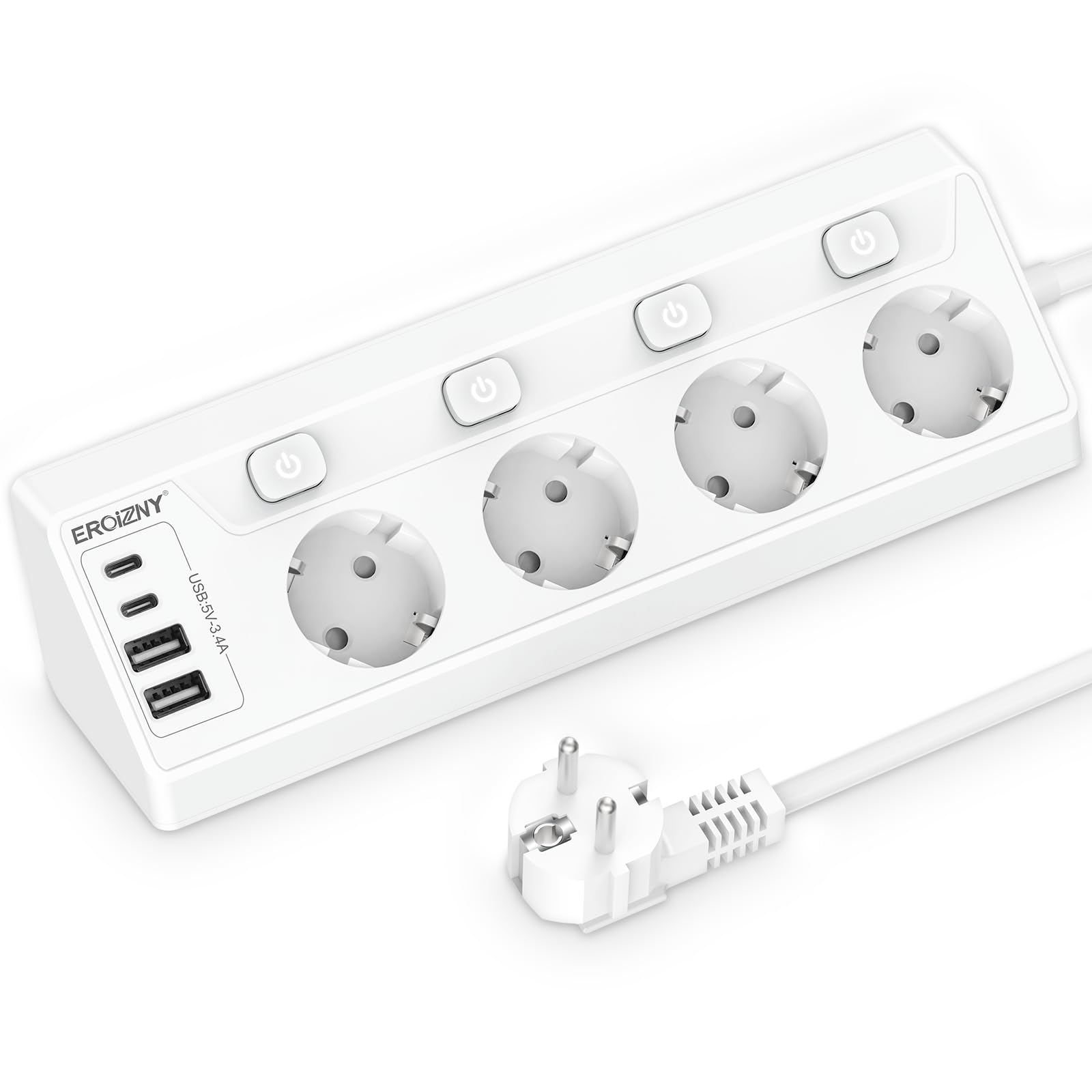 Ecksteckdose mit 2 USB C und 2 USB A, 4 Fach Steckdosenleiste Einzeln Schaltbar Mehrfachsteckdose Wandmontage 4000W 16A Mehrfachstecker Küche Steckerleiste, 2M Kabel Weiß