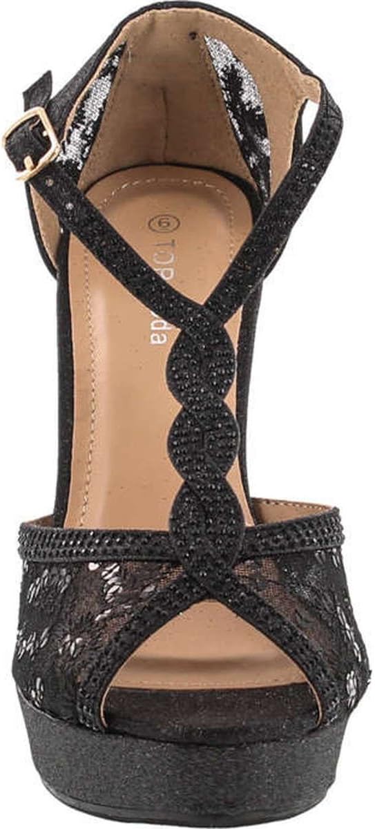 TOP Moda Womens Hy5 Formal Evening Party Lace Ankle T-Strap Peep Toe Stiletto High Heel Pumps