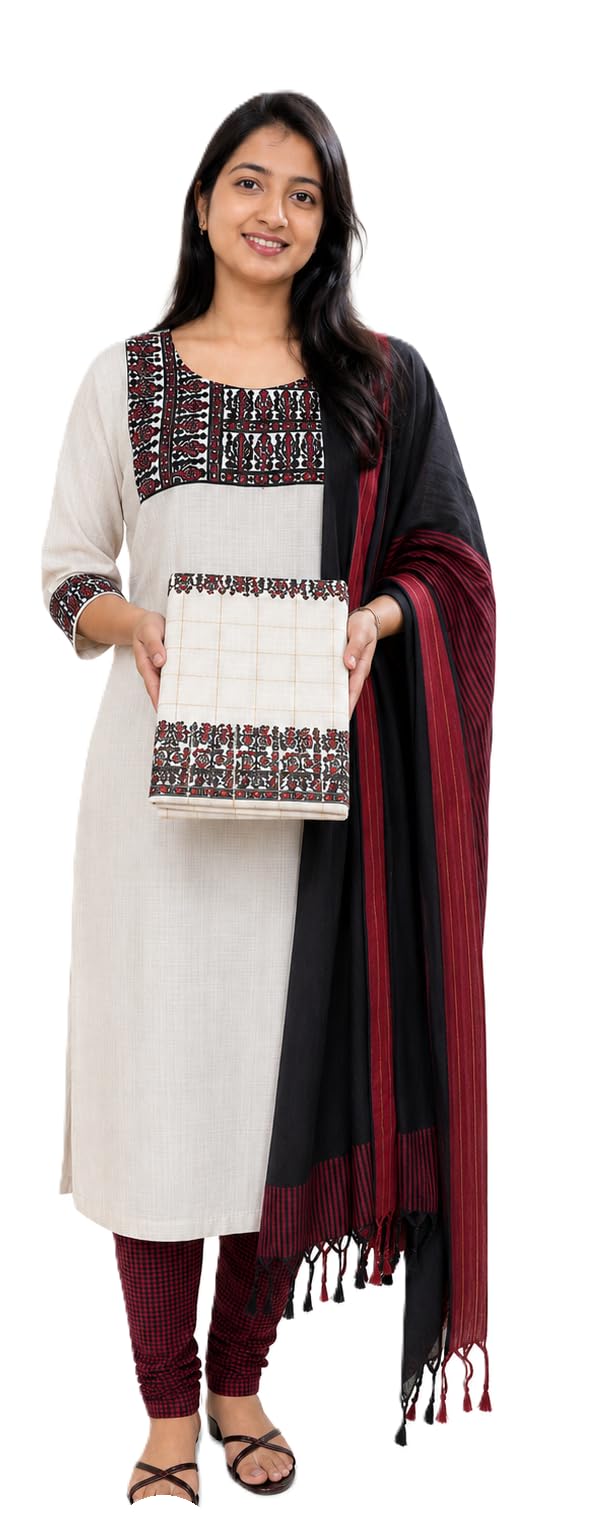 Handloom Cotton Unstitched Salwar Material Madhubani Mirror Yoke White N Red-image-38