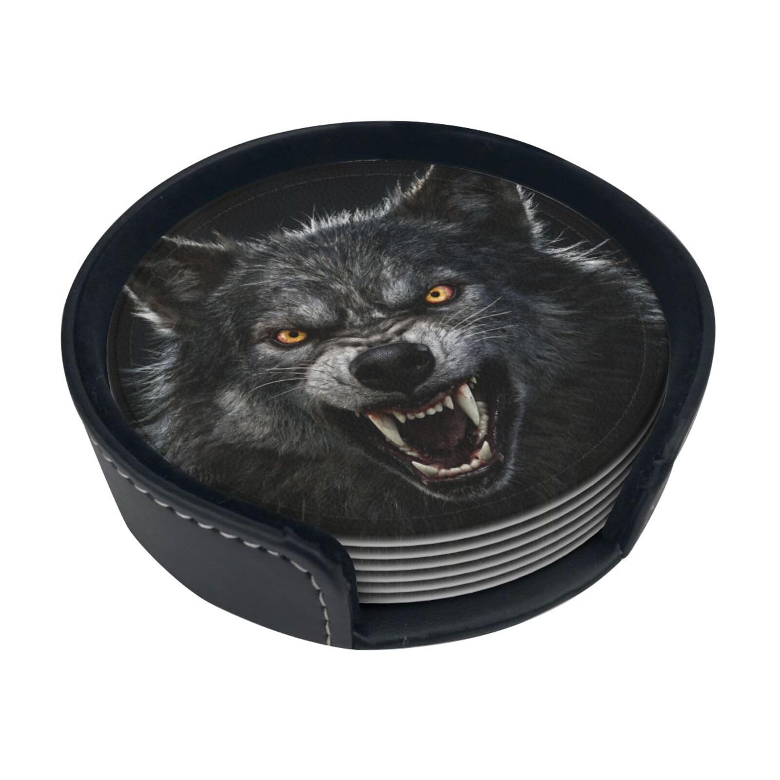 Wolf Fury Leather Coasters-Set of 6 with Storage Holder
