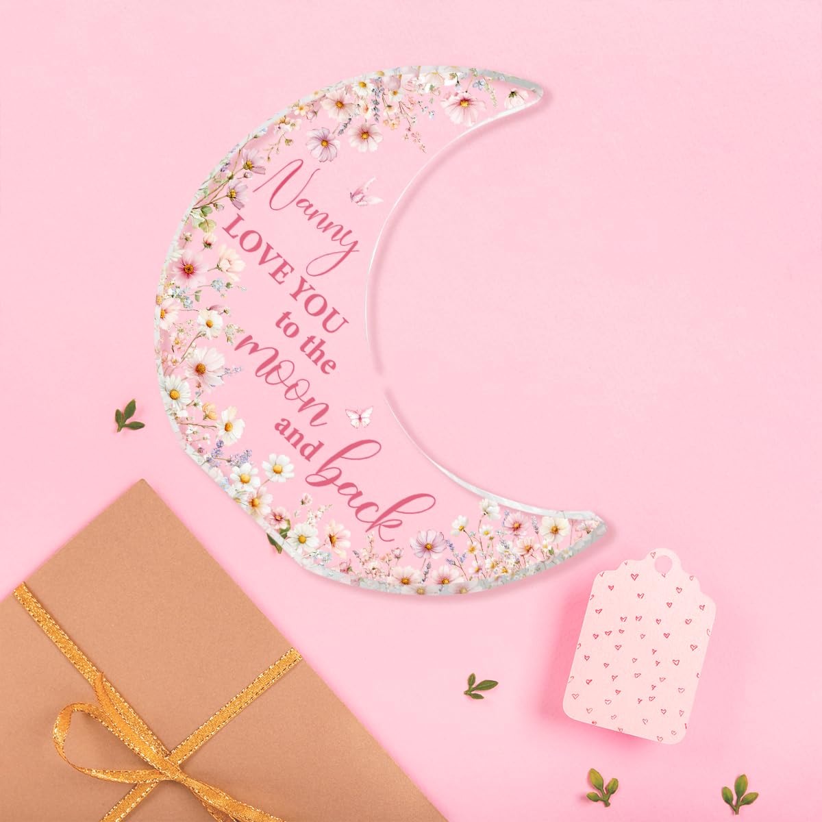 Nanny Gifts, Mothers Day Birthday Gifts for Grandma, Moon Acrylic Desk Decorations, Retirement Appreciation Gift for Women Granny Nana, Pink Floral Acrylic Plaque for Office Bedroom Decor
