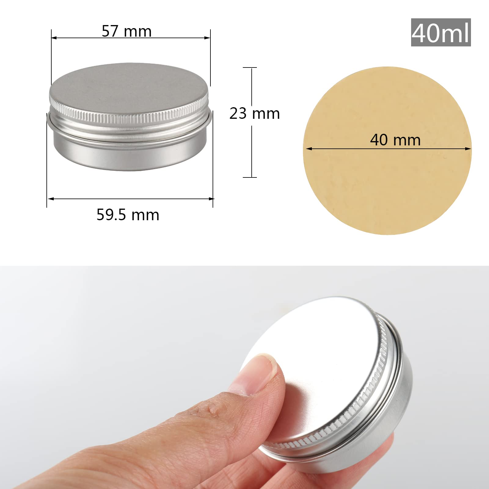 100 Pezzi Contenitore in Alluminio da 40ml - Ø57x23mm Argento Barattoli in Alluminio con Tappo a Vite Rotonda Vaso Barattolo Cosmetico Contenitori per Cosmetici Candele Balsamo Labbra