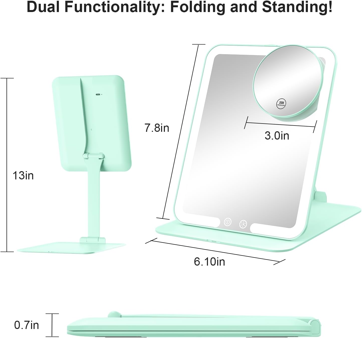 Gospire Travel Makeup Mirror with 3 Lights and Magnification 10X, Green