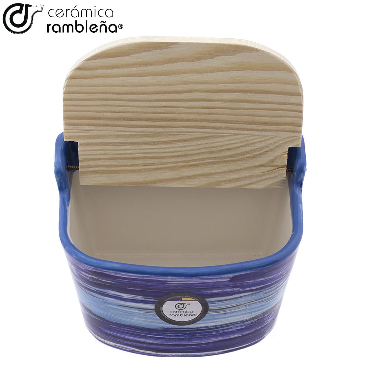 CERAMICA RAMBLENA | Saliera cucina | Saliera con coperchio in legno | Saliera ceramica | Saliera originale | Decorazione Arcobaleno Blu - Modello 12 | 100% Decorato a Mano | 14x10x12 cm
