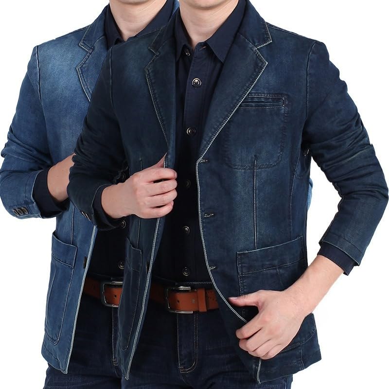 Men's Classic Notched Collar Denim Blazer Slim Fit Two Button Business Jean Jacket Fashion Casual Suit Jackets2