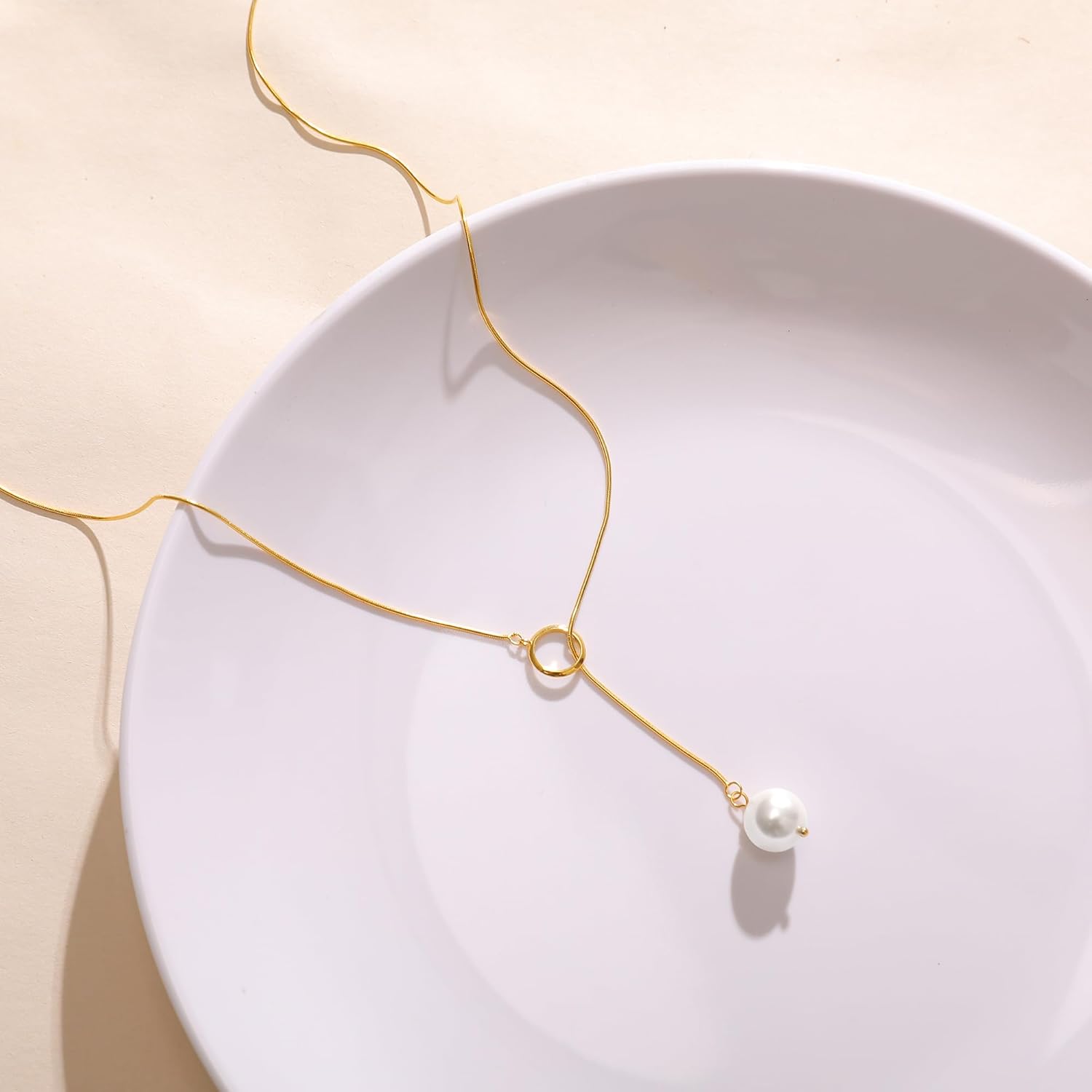 Long Pearl Lariat Necklaces for Women,925 Sterling Silver Single Pearl Drop Y Necklace to Daughter 14k Gold Plated Dainty Pearls Pendant Sliding Necklace Round Snake Chain Sweater Chain Valentines Jewelry Gift - Image 5