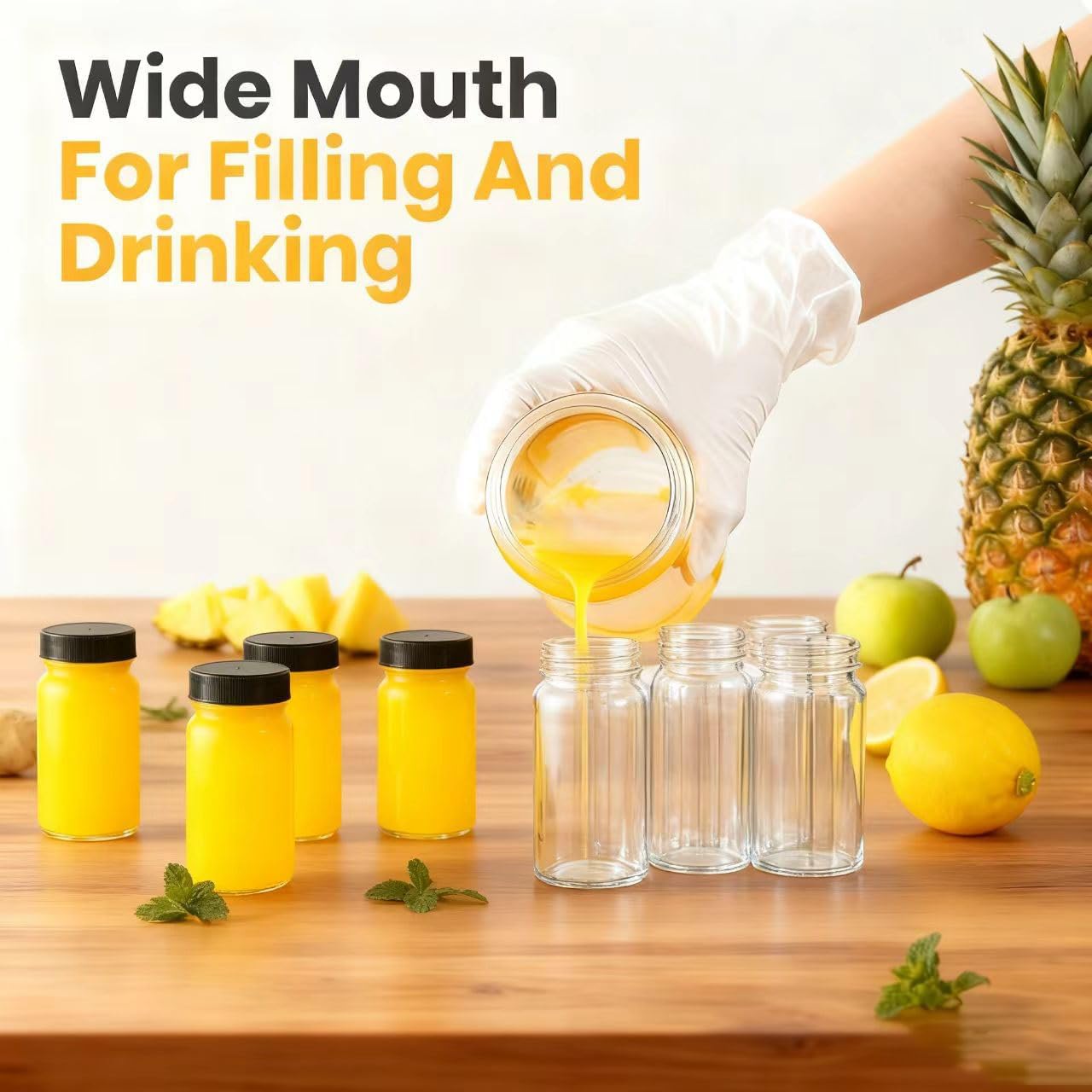 12 Pack 2 oz Glass Shot Mini Bottles with Black Lids - Reusable Leakage-Proof Small Clear Jar for Ginger, Wellness Shot, Juice, Sample, Whiskey, Essentials - Wide Mouth Containers, Dishwasher Safe - Image 3