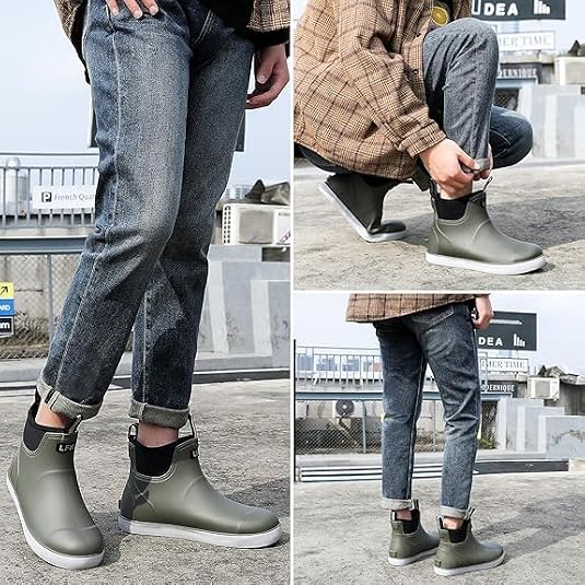 Deck Boots Mens, Rain Boots Anti-Slip Fishing Booties Waterproof Ankle Rain Shoes Rogue Wave Durable Rubber Boots Outdoor Footwear