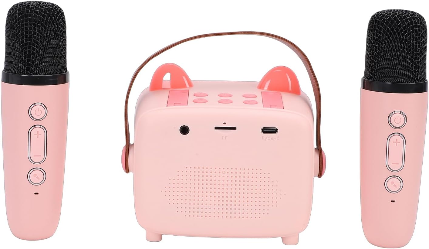 Keenso Karaoke Machine for Kids, Mini Karaoke Machine Toy Kids Boys Girls Portable Bluetooth Speaker with 2 Wireless Mics for Early Education Home Outdoor Travel Party Play (Pink)