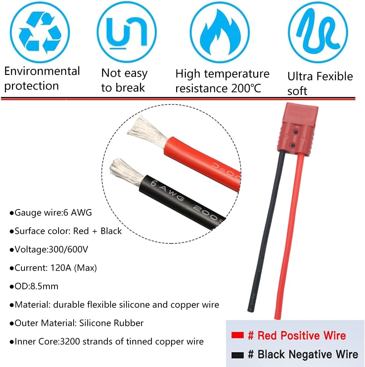 CESFONJER 120A Battery Connector with 6 AWG 25cm Silicone Cable (2 Sets), Quick Connect Quick Disconnect Battery Connector, for car, Camper, Boat,Motorhome (Red)