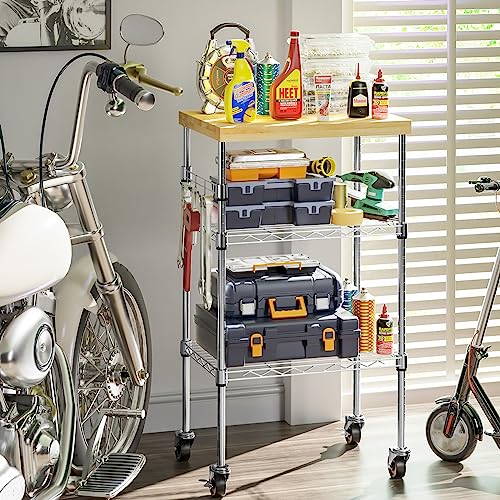Auslar 3 Tier Rolling Cart With Wheels, Kitchen Storage Shelves Microwave Cart With Adjustable Wire Shelves Hanging Hooks & Wood Tabletop For Kitchen, Bathroom, Living Room, Bar, Office, Chrome #TOP2