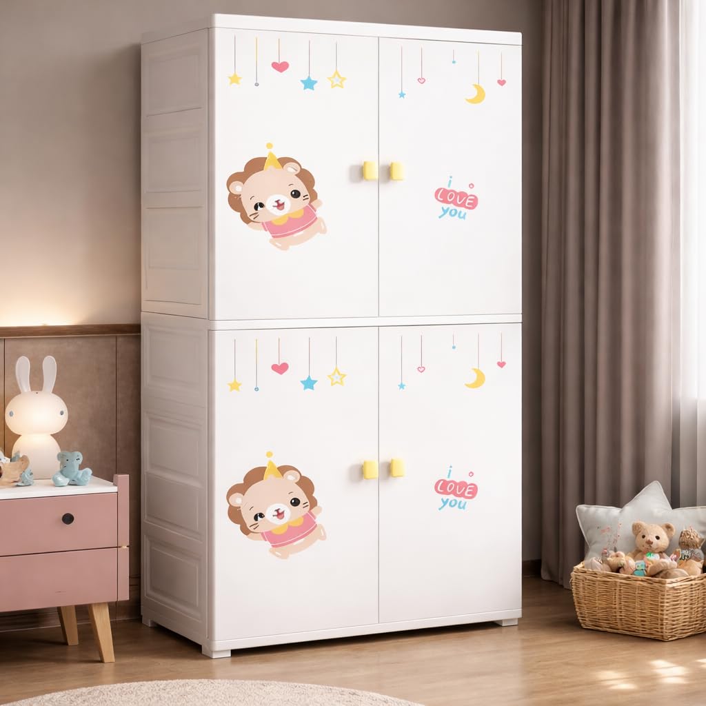 AYSIS Kids Plastic Collapsible Wardrobe Organizer for Storage with Drawers | Cute Cartoon Design | Heavy Duty Cloth Organizer for Storage | Easy to Assemble | Perfect for Kids Room & Home | White-image-28