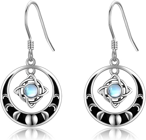 Pendientes de nudo de brujas de plata de ley, aretes de nudo mágico de bruja, piedra lunar, joyería pagana, joyería de fase para mujeres y niñas,