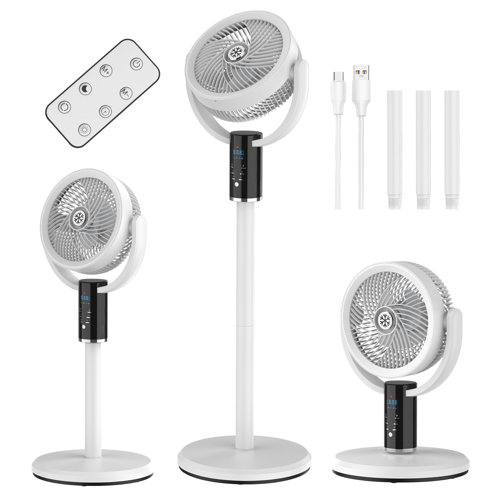 WIWOLER Leiser Standventilator mit Fernbedienung, 3 Höhenverstellbarer Säulenventilator, 8 Geschwindigkeiten, 80° Oszillation, 8H Timer, LED-Display, 3-Stufen Nachtlicht, Für Schlafzimmer, Büro