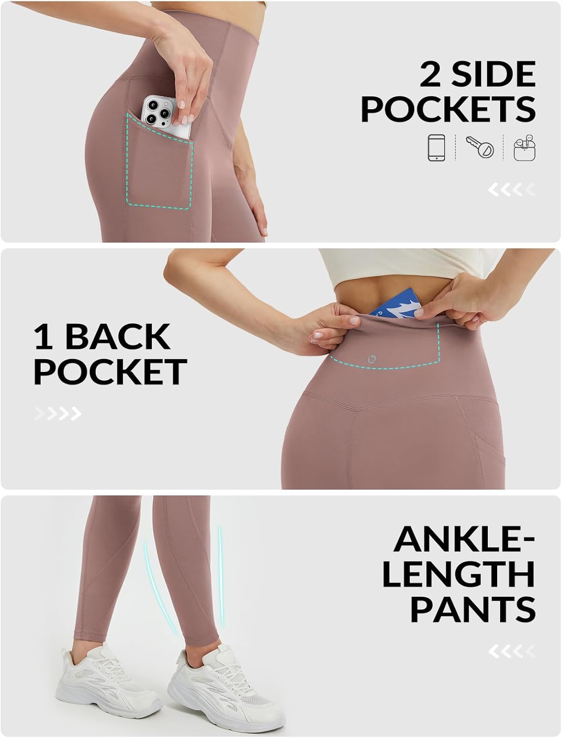 baleaf Super High Waisted Leggings for Women with Pockets Stretchy Tummy Control Soft Yoga Workout Gym Petite Pants - Image 7