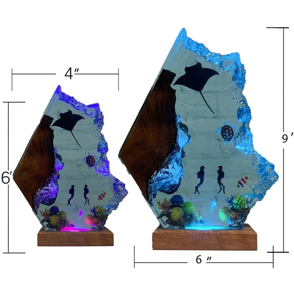 Lampa LED z żywicy epoksydowej z manta ray i nurkami, motyw oceanu, półprzezroczysta sztuka, drewniana podstawa, do dekoracji biura domowego