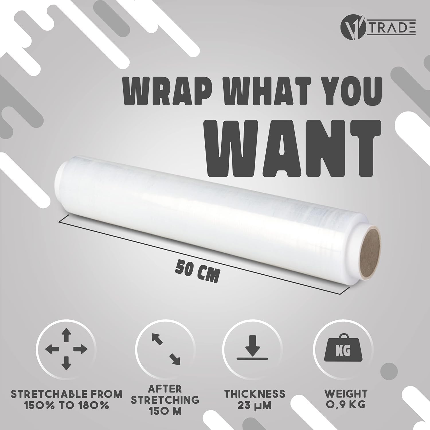 V1 TRADE Film Etirable Demenagement - Film Palette Transparent 50cm x 150m - Plastique Protection pour Colis et Meubles