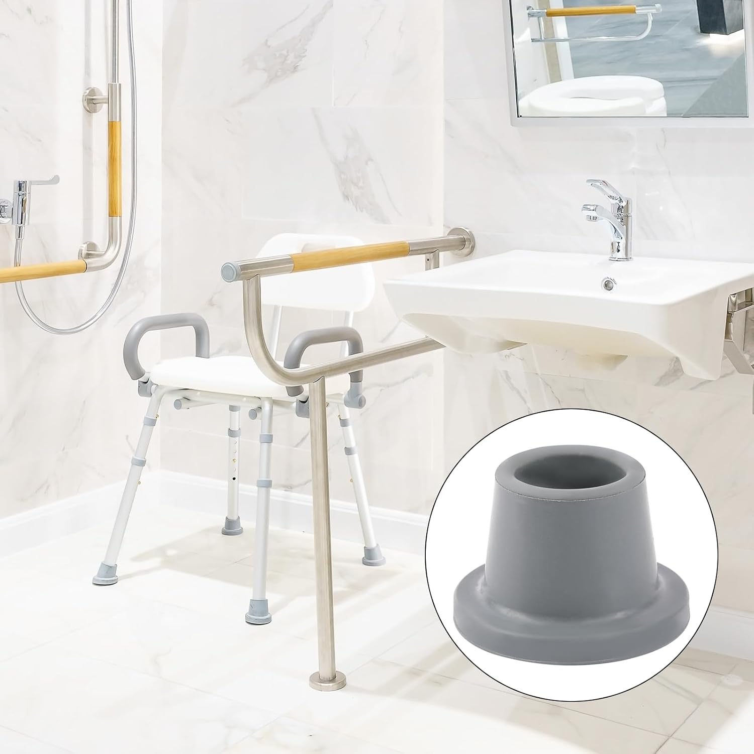 1-1/8" I.D. Round Rubber Chair Leg Caps, 4 Pcs Grey Chair Leg Floor Protectors Non Slip Furniture Caps for Shower Chairs Bath Seat, Shower Stools and Transfer Bench