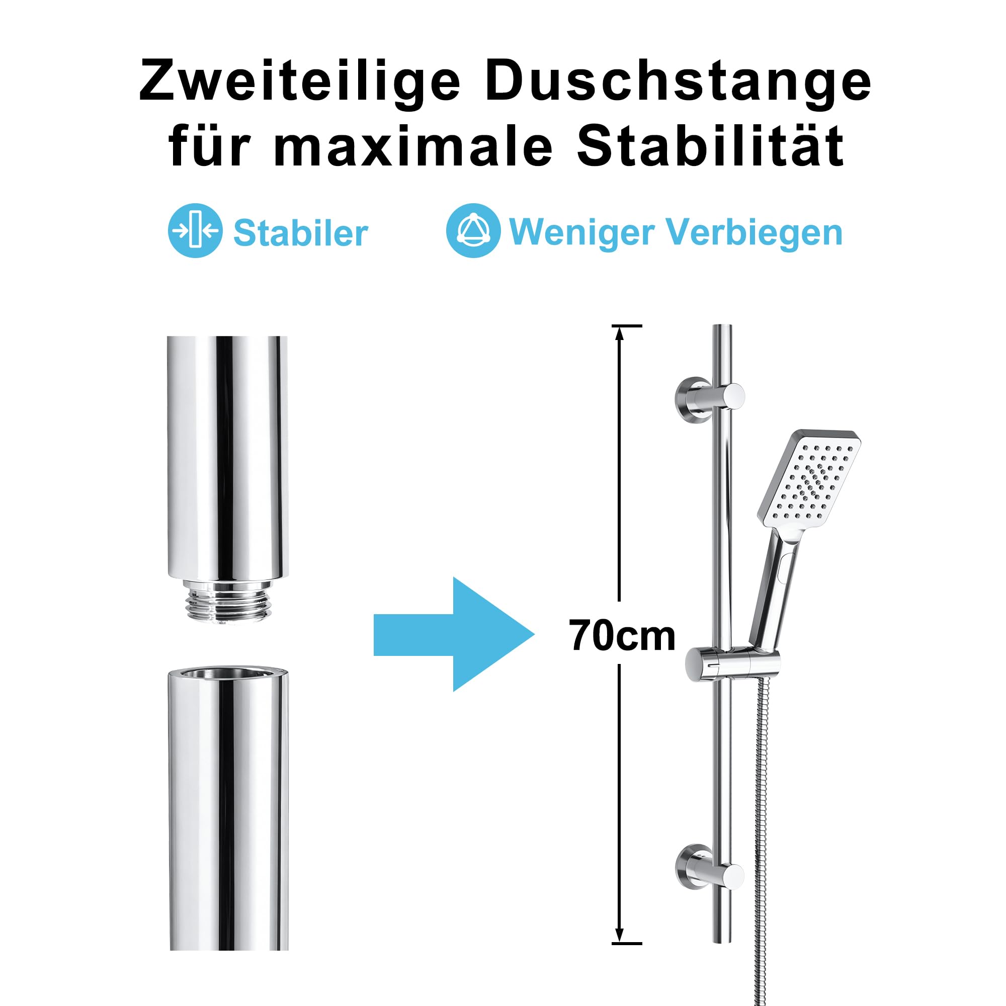 Görbach Colonna Doccia Acciaio Inox Asta Doccia 70 cm, Set Asta Doccia Saliscendi con Supporto Soffione Regolabile, Adatto per fori esistenti Cromo