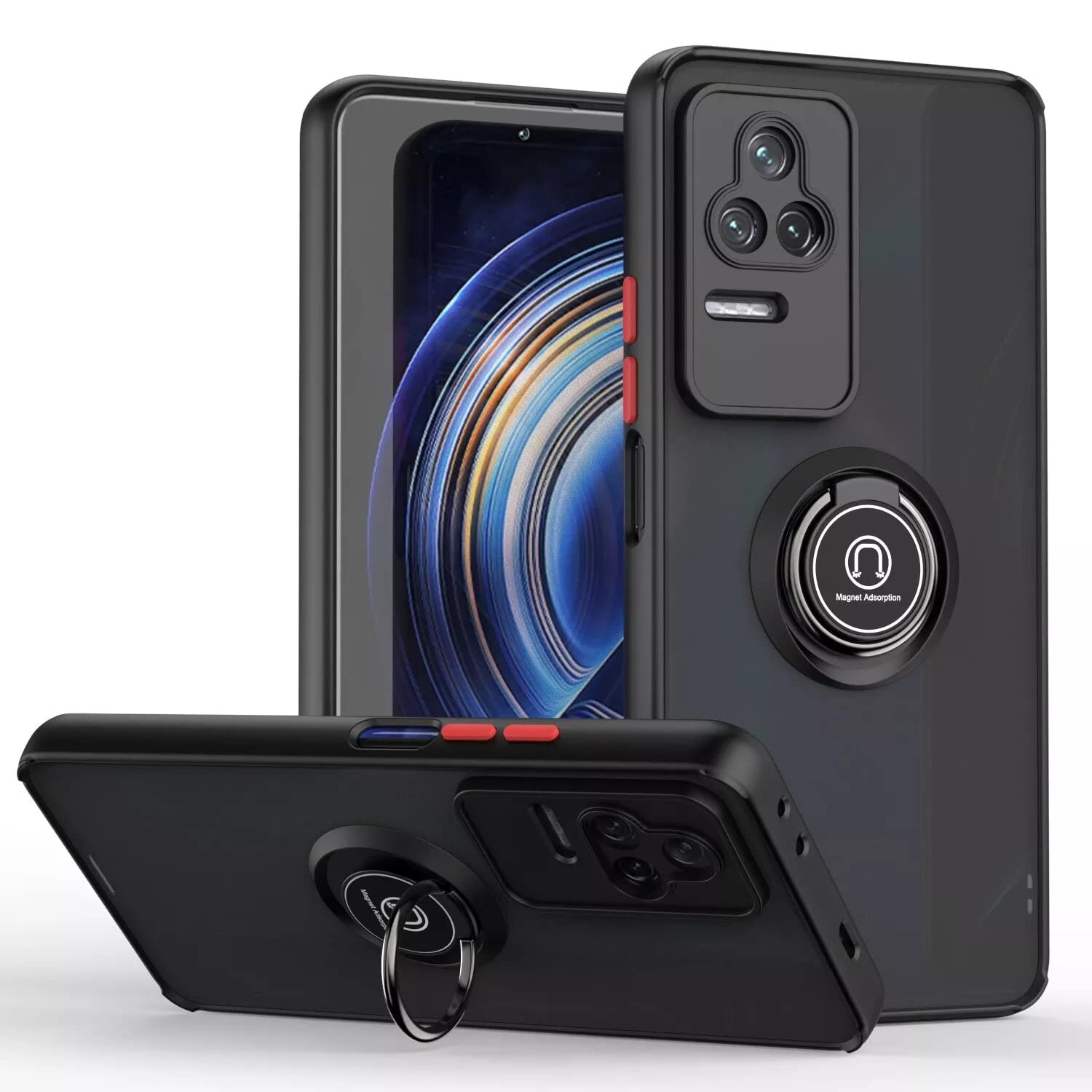 Zege Case For Xiaomi Poco F4 / Xiaomi K40S Rotational Metal Ring Grip Kickstand Cover Magnetic Car Mount Holder Case Shockproof Tpu Bumper Compatible For Xiaomi Poco F4 / K40S (Black)