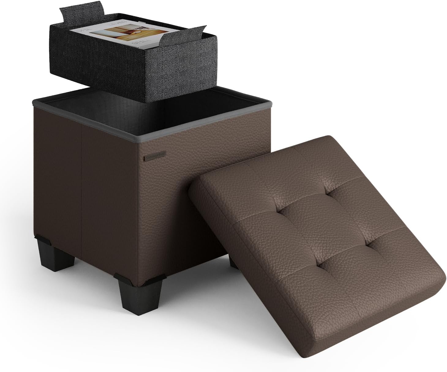 Storage Ottoman Cube with Small Bin, 15-in Square Ottoman with Storage for Living Room and Bedroom, Small Ottomans Foot Rest, Faux Leather Foot Stools Ottomans Max 330lbs, Brown