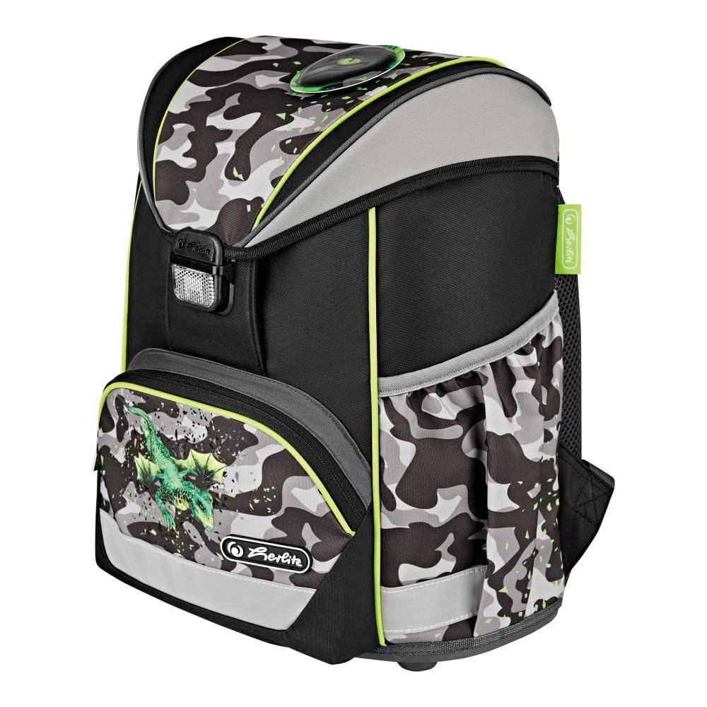 Herlitz Tornister Szkolny Light Camo Dragon | Dziecięcy Organizer Dla Ucznia Dzieci | Sztywne Plecy | Unisex | Szkolna Torba na Plecy | Pojemny Wytrzymały Plecak na Przybory Szkolne