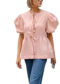 トップス Bibiy. FIORE PUFF BLOUSE QNI Linen Tops for Women Round Neck Puff Sleeve Open Front