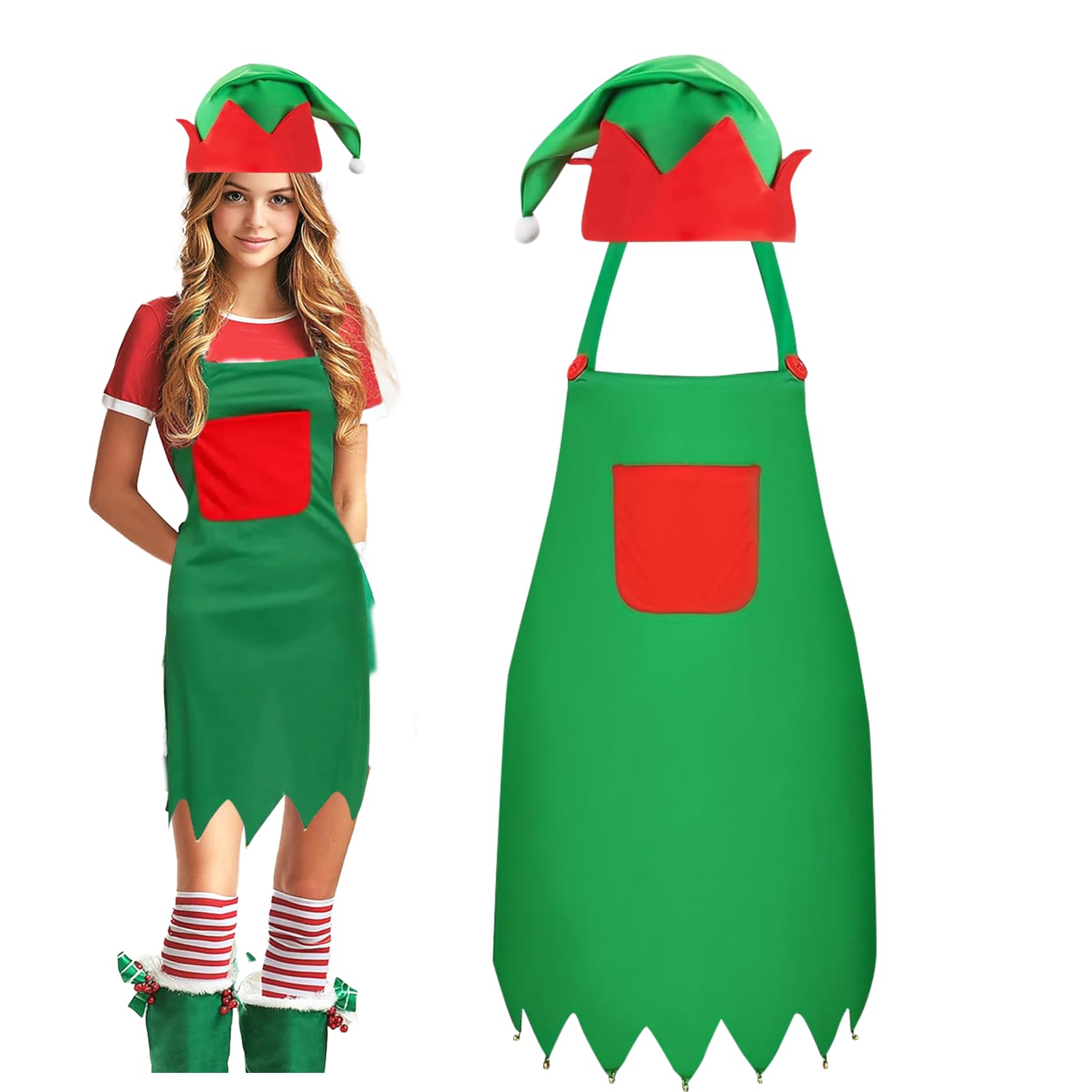YONEEKSS Christmas Elf Apron and Elf Hat Set, Xmas Elf Costumes Set for Elf Fancy Dress Outfits, Christmas Fancy Dress, Christmas Costume Adult (green)