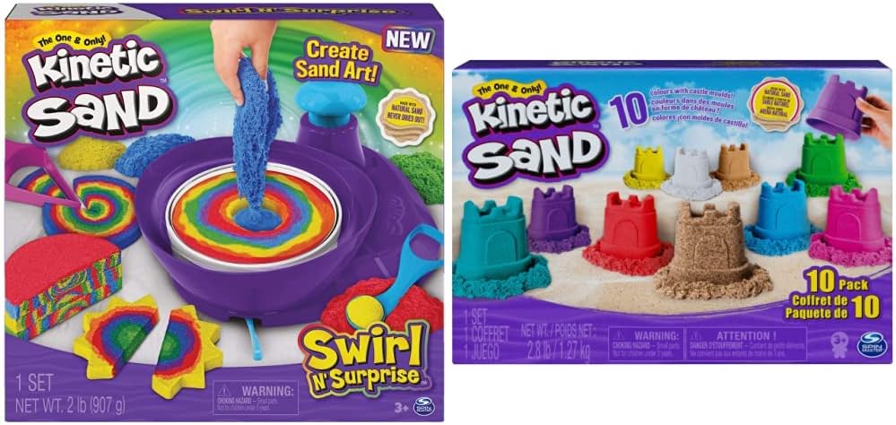 Kinetic Sand, Swirl Nโ Surprise Playset with 907g of Play Sand, Including Red, Blue, Green, Yellow & Castle Containers 10-Colour Pack Non-Toxic Educational and Creative Sensory Play Sand Toys