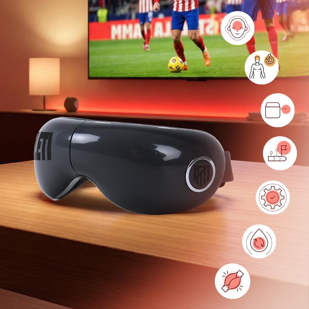ATLETICO MADRID® | VISION Gafas de masaje oficiales del ATLETICO MADRID I Masajeador de ojos y cara plegable con vibromasaje I Presoterapia I Calor I Altavoces integrados