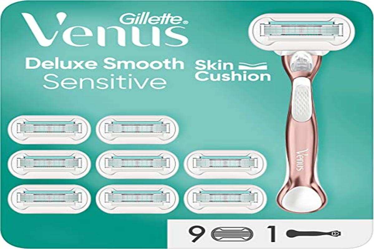 Gillette Venus Deluxe Damenrasierer Smooth Sensitive, 1 Griff und 9 Klingen für Damen mit 5 Klingen, schnelle, effektive und tiefe Rasur, Skin Cushion, Geschenkidee