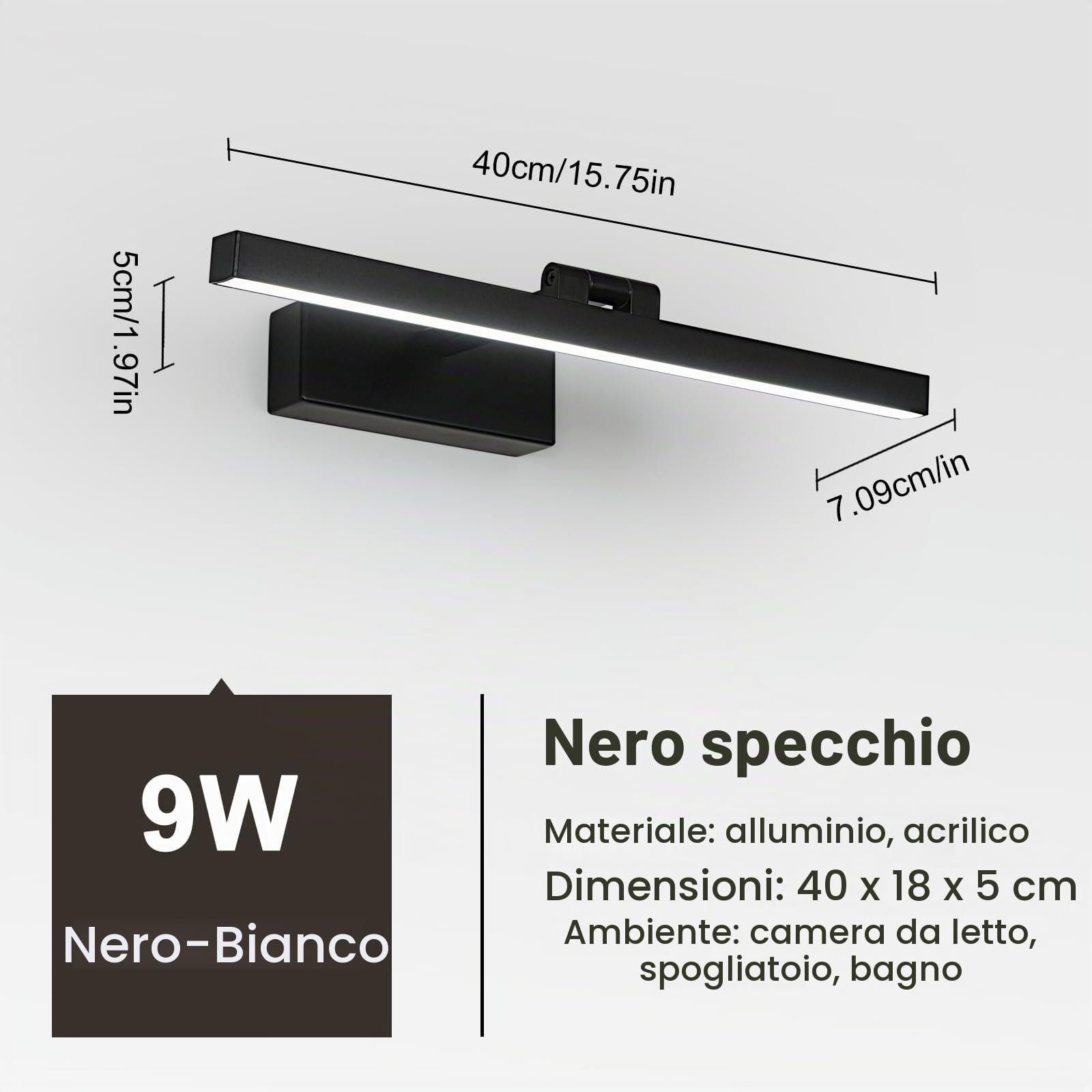 Comely LED Lampada da Specchio Bagno, 9W Luce Specchio LED Nero | 1100LM Specchio Armadio Lampada da Bagno 40 cm per Illuminazione Trucco o del Guardaroba, Bianco Freddo 6500K
