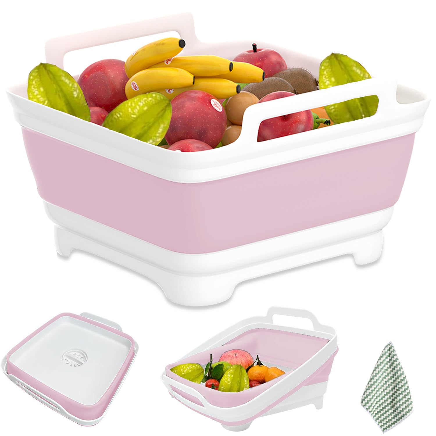2.4 Gal(9L) Collapsible Dish Basin,Collapsible Kitchen Sink with Drain,Laundry Tub,Dish Tubs, Camping Sink Foldable, Kitchen Storage Tray for Camping, Vegetable Washing, RV (Pink)