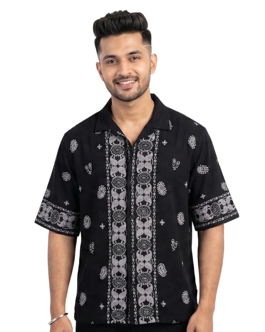 ibx Men's Oversized Printed Cotton Shirt | Stylish Cuban Collar Half Sleeve Casual Shirt | Premium Boxy Fit Summer Vacation & Resort Wear for Men | Trendy Streetwear Printed Shirt-picture-22