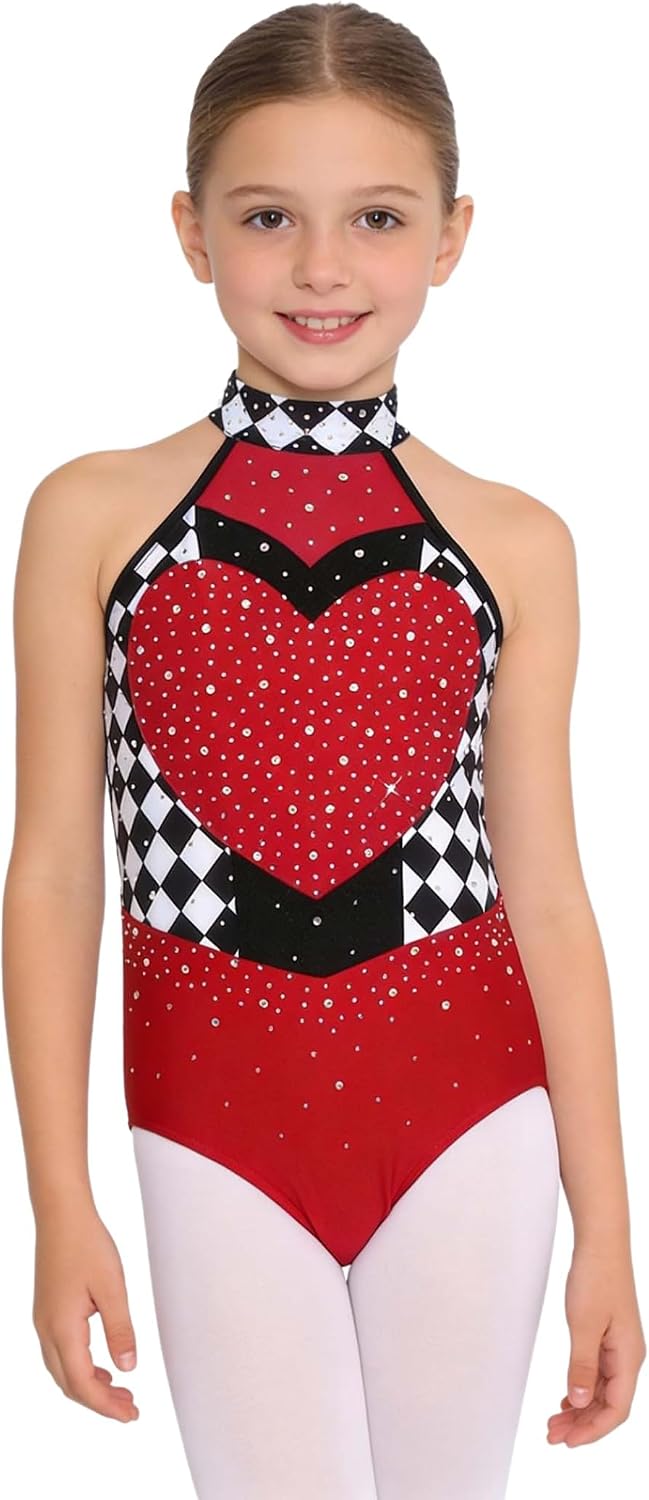 JEYPINMI Girls Rhinestone Ballet Leotards Halter Neck Gymnastics Outfit Kids Tumbling Dance Bodysuit