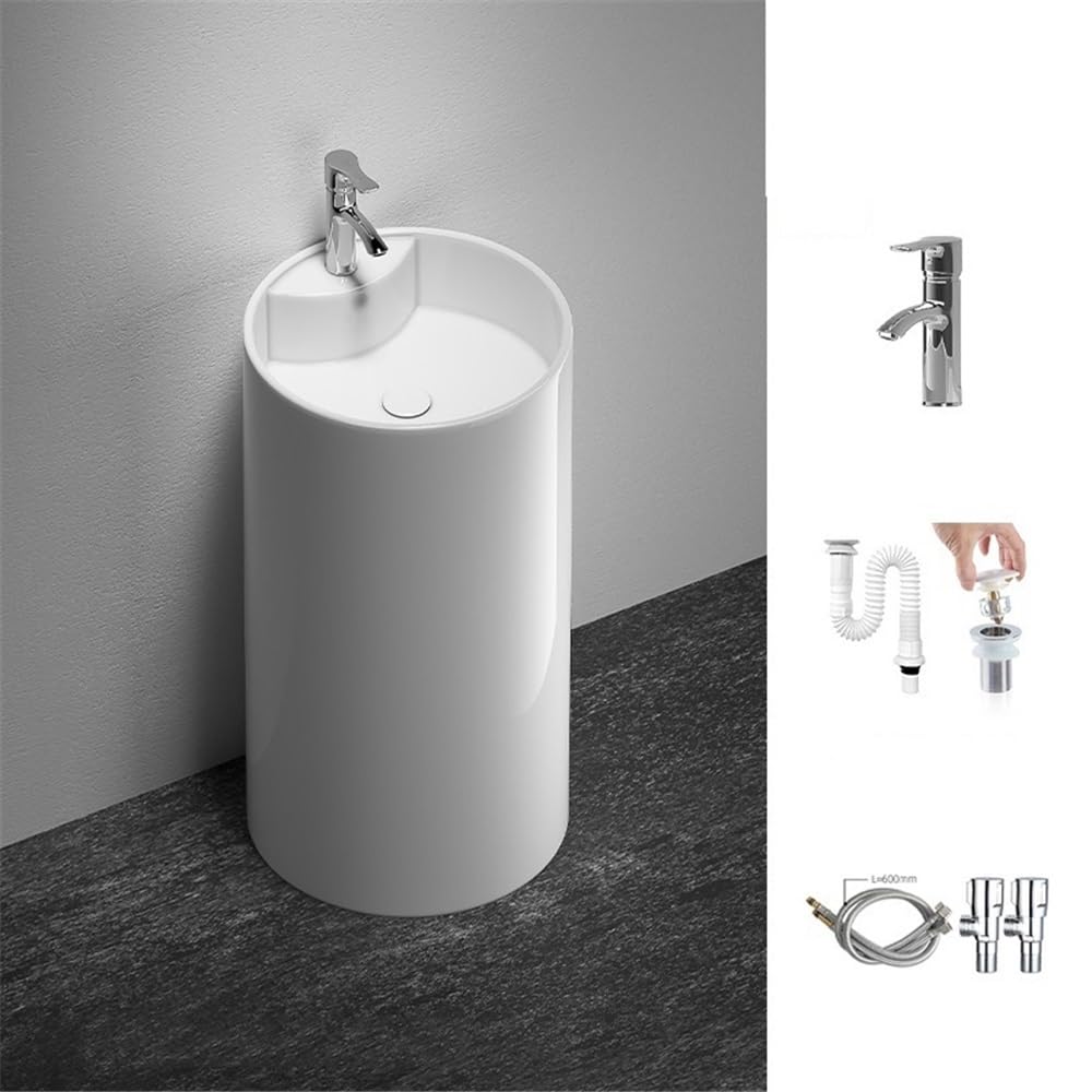 Nowoczesny ceramiczny zlew na cokół z kranem i zestawem odpływowym – stylowa jednoczęściowa umywalka łazienkowa oszczędzająca miejsce konstrukcja łatwa w instalacji idealna do remontu domu