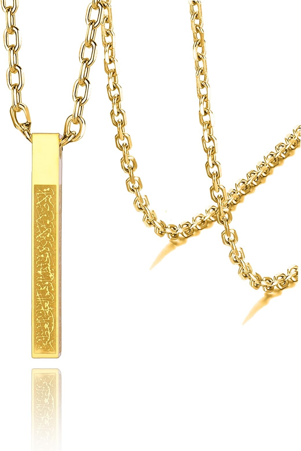 Islamic Ayatul Kursi Necklace for Women Men Stainless Steel/Leather Chain Muslim Allah Arabic 3D Bar Pendant Islam Eid Ramadan Gift Jewelry