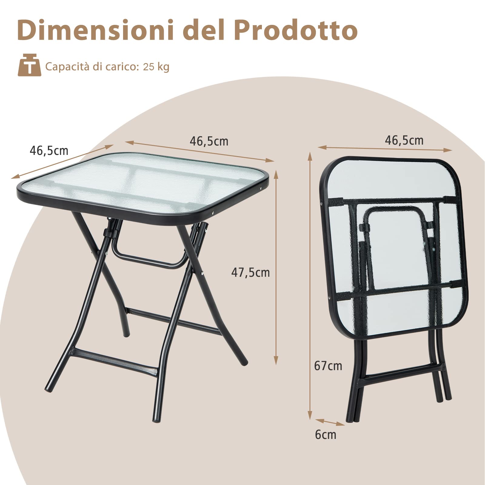 COSTWAY Tavolino Esterno Pieghevole, Tavolo da Giardino con Piano in Vetro, Struttura Metallica, Tavolino Portatile per Cortile Balcone Terrazza, 46 x 47 cm (Quadrato)