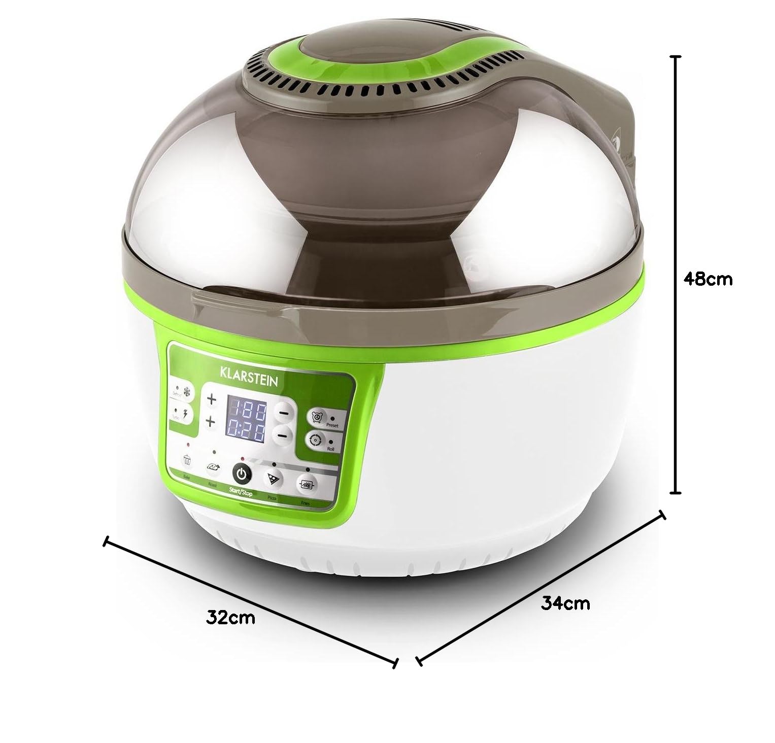 Klarstein VitAir Turbo Frytkownica beztłuszczowa - 1400 W frytkownica, Airfryer z komorą 10 litrów, 50 do 230 °C, Timer, Element halogenowo-podczerwony, Design kopułowy, zielono-biała