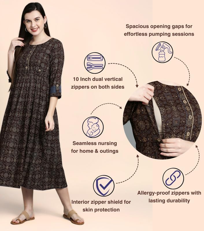 DUMMY SHAPE Maternity Gown for Women | Rayon Pregnancy Dress Kurta with Nursing Zippers for Pre & Post Partum | Feeding Kurtis (DS-133_XL, Brown) offers donot miss