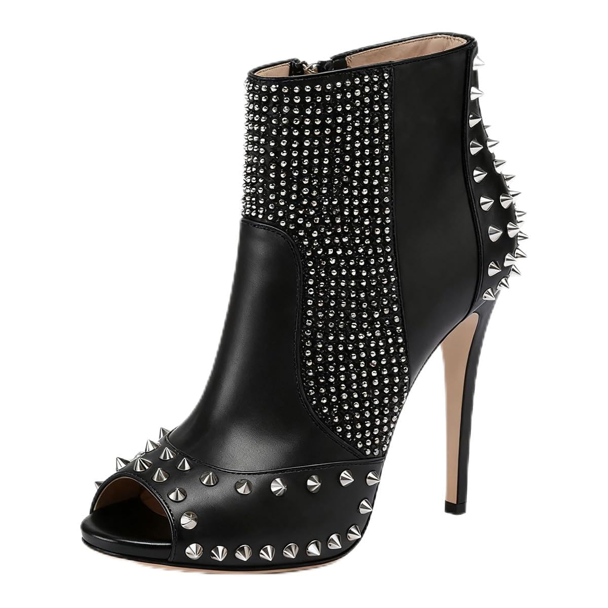 FOWT Women Peep Toe Ankle Boots Stiletto High Heel Short Booties Rivet Studded Rhinestone Sexy Fashion Party Club