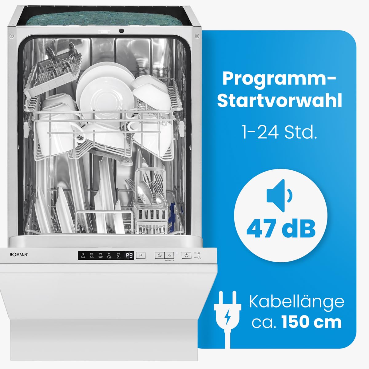 Bomann Geschirrspüler 45 cm vollintegrierbar 10 Maßgedecke 5 Programme 2 Sprühebenen GSPE 7420 VI