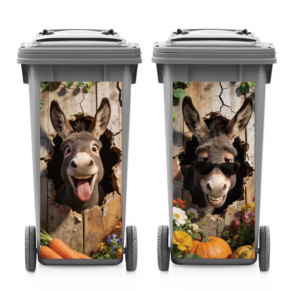ANATTASOUL 2 Sheets Animal Wheelie Bin Stickers Holes Donkey and Carrot Waterproof Dustbin Covers Decor, 14.9"x 32.2" Adhesive Large Decal for Bins, Fridge, Wall, Garden Outdoor, Indoor Decoration