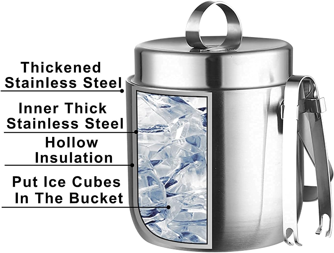 Ice Bucket,Double Walled Stainless Steel Insulated Buckets,Including Tongs and Lid,Comfortable Handle,Great fr Luxury Wine Cooler,Parties -1.5L/1.5L/1L