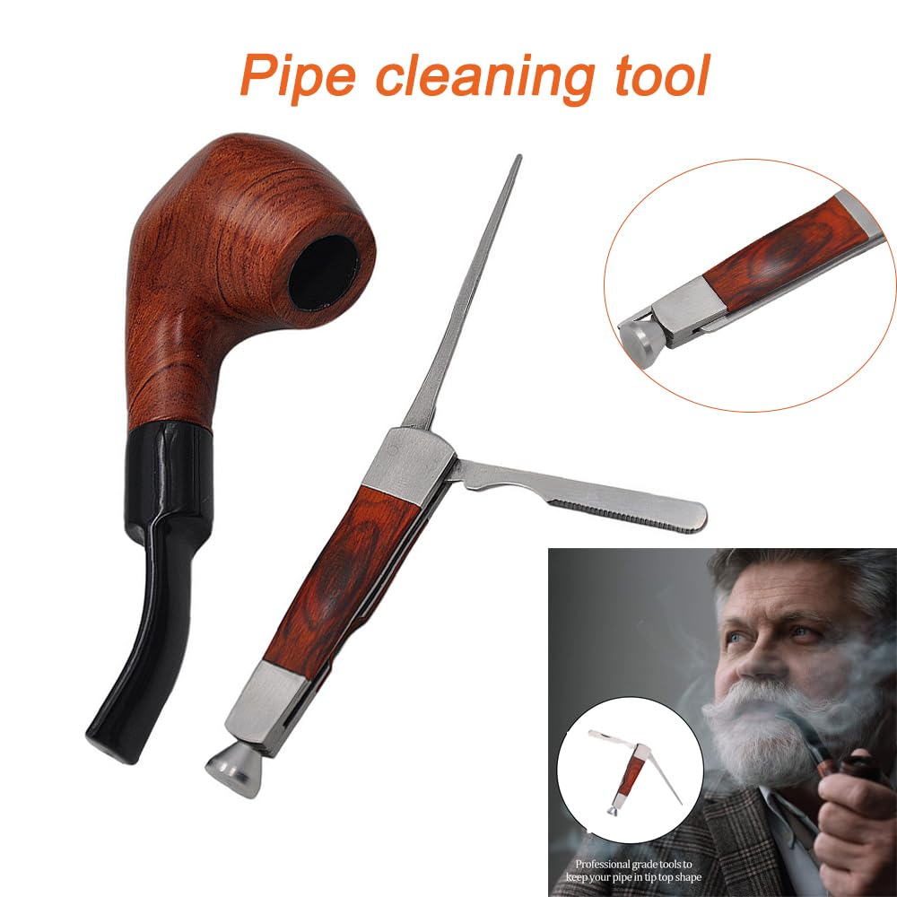Strumento 3 in 1 per la pulizia della pipa, in legno rosso, in acciaio inox, alesatore per tabacco per bloccare la canna fumaria