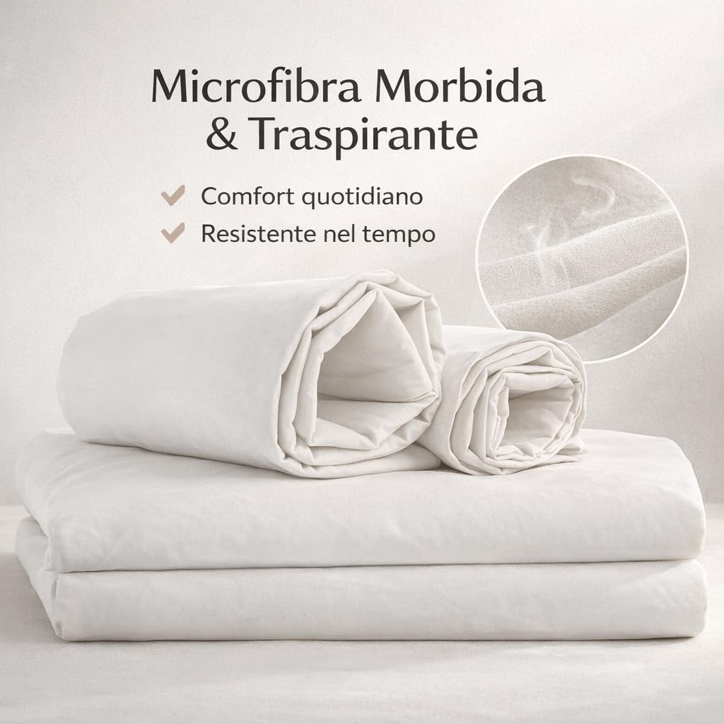 Corredocasa Copripiumino Matrimoniale e Singolo in Microfibra, Made in Italy – Set Copri Piumino Bianco con Sacco per Piumone e Federe (Una Piazza 150X200 cm)