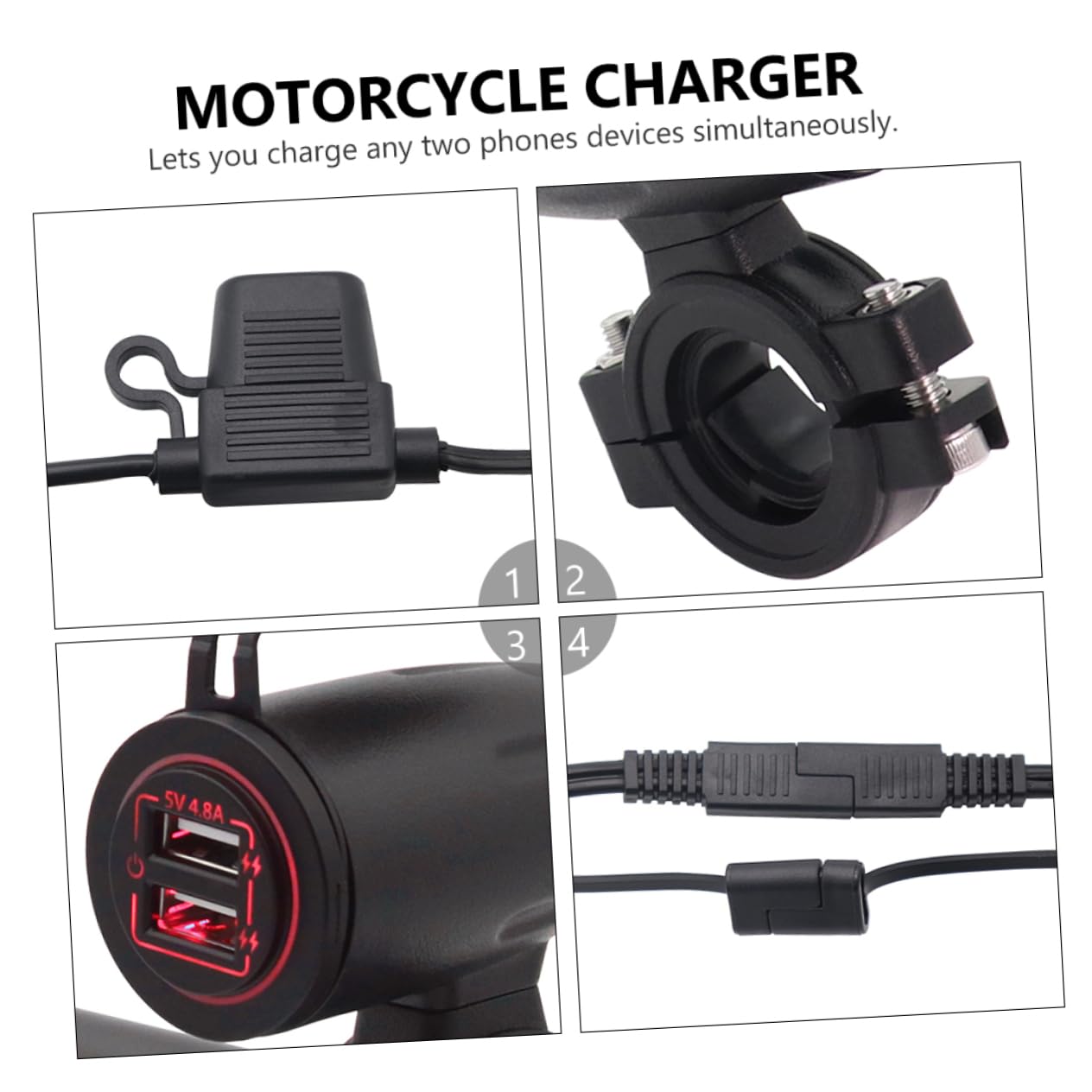 Veemoon 4. Motorcycle USB Charger Dual Port Power Adapter Backlight Safety for Smartphones Cameras and Electronic Devices